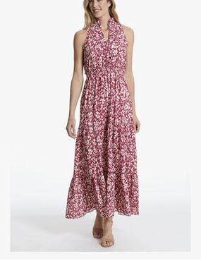 London Times Sleeveless Red And White Floral Maxi Dress